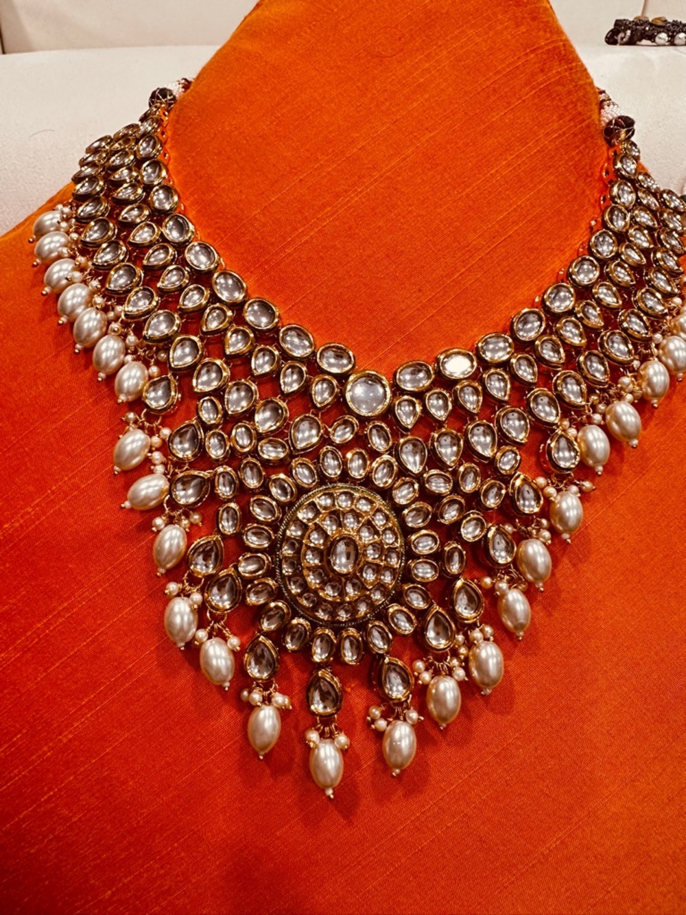 Gold Kundan Statement Necklace with White Pearl Drops